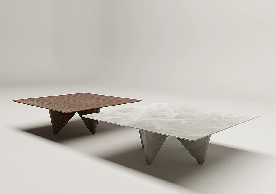 Vista superior das mesas Lupi Vintage - em pedra natural e MDF revestido