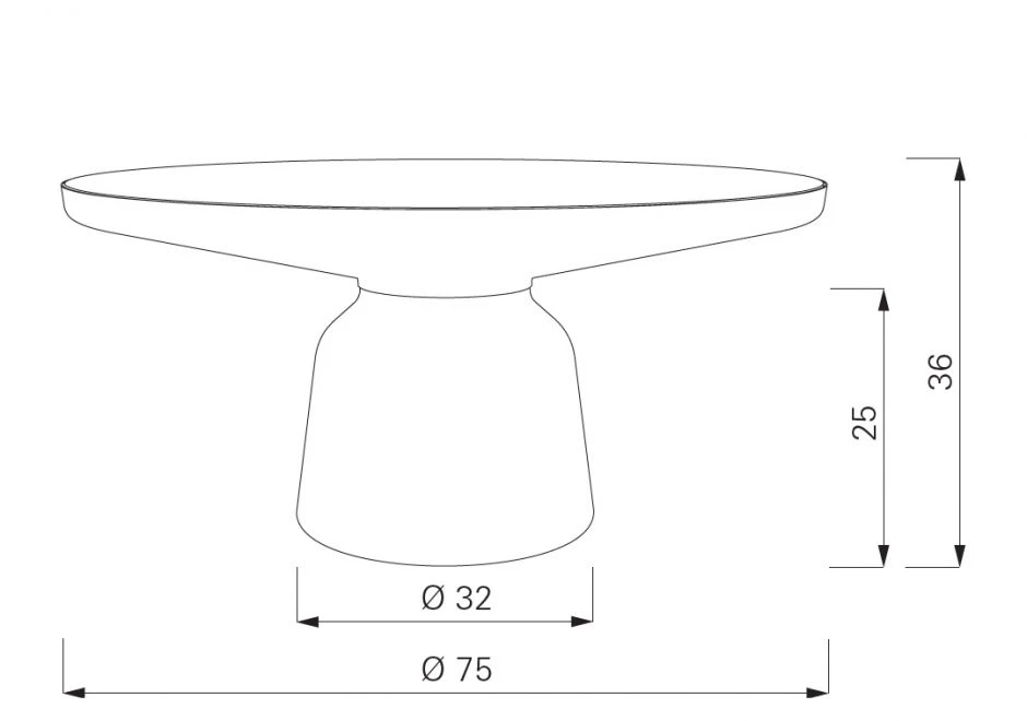 Mesa de centro Bell com base em vidro soprado e tampo de metal e vidro - medidas