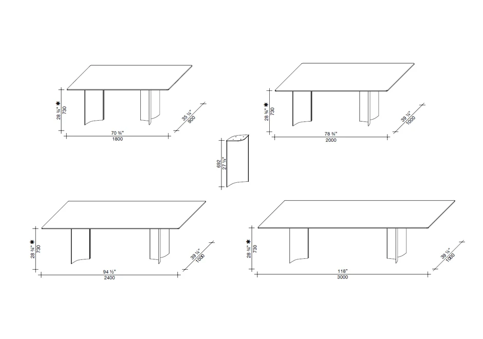 Mesa de jantar Gullwing com estrutura de metal e tampo em madeira, argila, mármore ou cerâmica - medidas 1