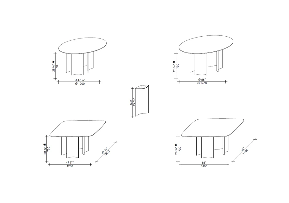 Mesa de jantar Gullwing com estrutura de metal e tampo em madeira, argila, mármore ou cerâmica - medidas 3