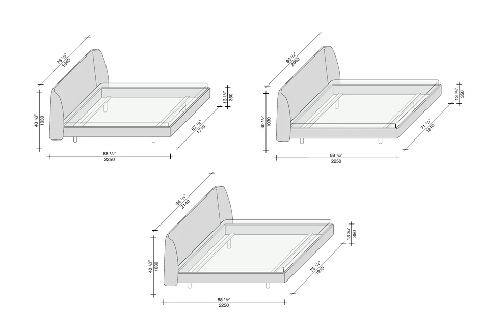 Cama Edel com estrutura em madeira maciça, cabeceira alta, estofada com capa removível em tecido ou couro - medidas