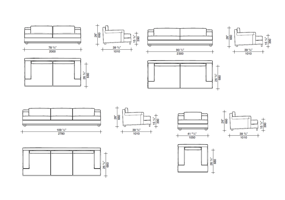 desenhos em vários ângulos de um sofá aconchegante, com indicações de medidas.