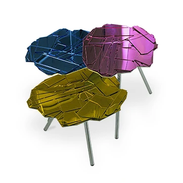 Mesas mosaico BRASILIA com pés em alumínio polido e tampo com placas de metacrilato Colorflex (acrílico espelhado)