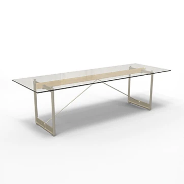 Mesa Brut com estrutura de ferro fundido pintado em poliéster e tampo de vidro transparente ou fumê