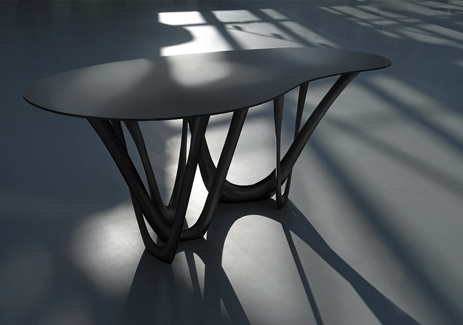 Mesa G-Table com base em aço, alumínio ou bronze e tampo de madeira Kauri pintada de preto, concreto ou pedra - foto 3