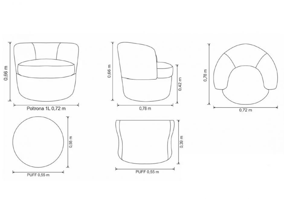 Poltrona giratória ÁQUILA com estrutura de madeira, base giratória e estofado em tecido - medidas