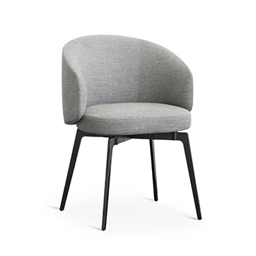 Cadeira assinada estofada cinza com pés escuros vista de frente em um fundo branco.