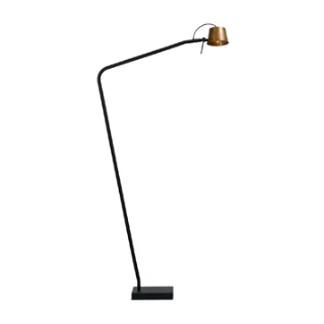 Luminária de chão Pliz com estrutura em aço preto fosco com cúpula de metal preto e interior cobre ou cúpula de cobre