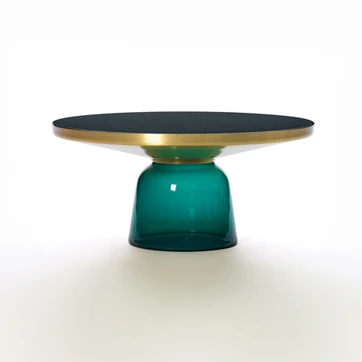 Mesa de centro Bell com base em vidro soprado e tampo de metal e vidro