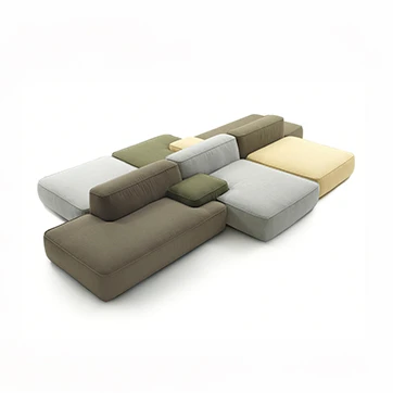 Sofá modular nas cores cinza, amarelo e verde, visto de cima em um fundo branco.