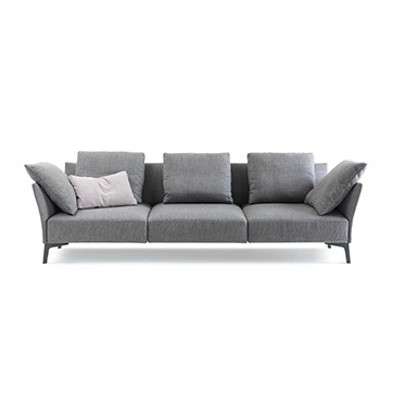 Sofá de design clássico, com estrutura de metal e estofado em tecido cinza, visto de frente, com um fundo branco.