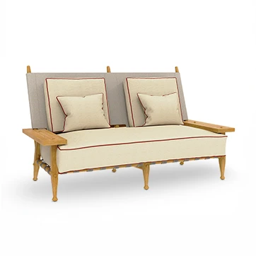 Sofá de design para area externa, cintas elásticas e tela de polivinil, na cor creme, de lado, em um fundo branco.