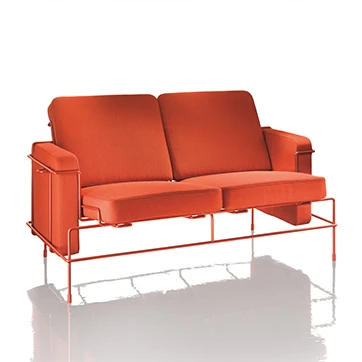 Sofá modular, com estrutura em aço e almofadas em espuma, em tecido cinza, visto de lado, em um fundo branco