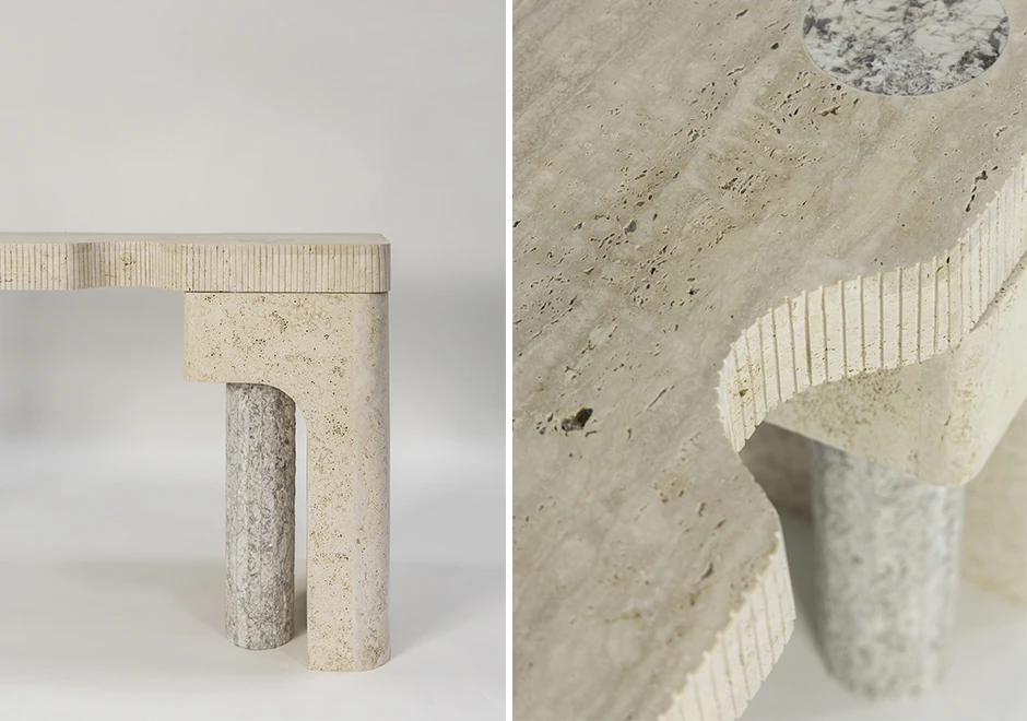 Detalhes do Aparador Relevo com acabamento frisado e superfícies em pedras naturais contrastantes