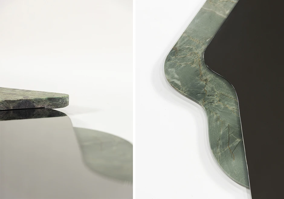 Detalhes do Espelho Amorfo com moldura de pedra e bordas suaves, destacando sua elegância