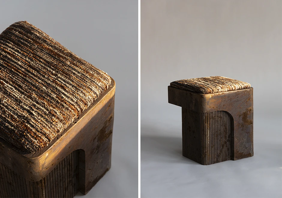 Duas vistas dos bancos Nazca e Scotia com estrutura de pedra frisada e assento texturizado, combinando elegância e design.