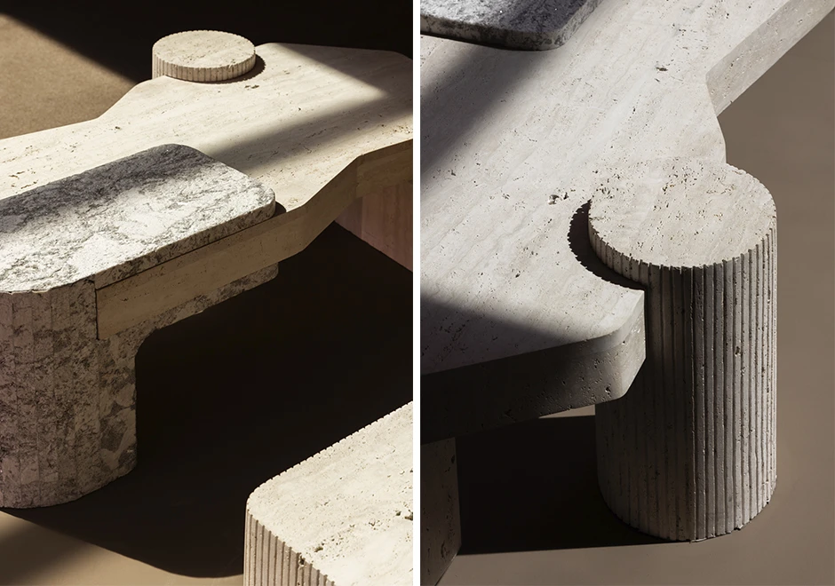 Detalhes da mesa Placa em pedras naturais, com formas geométricas e texturas contrastantes entre os acaba