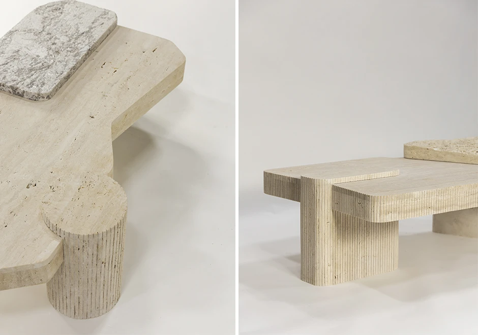 Detalhes da mesa Placa com formas orgânicas, texturas frisadas e elementos brutos contrastantes