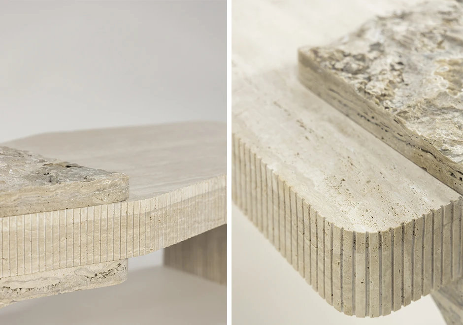 Close da mesa Placa mostrando as texturas de pedra, unindo acabamentos frisados e superfícies