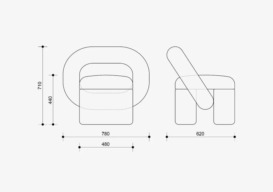 Desenho técnico da poltrona Play, criada pelo ucraniano Dmytro Kozinenko, para a marca Woo Furniture