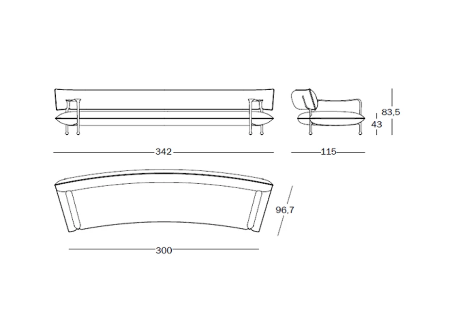 Desenho técnico da versão maior do sofá Riace da marca Magis Design