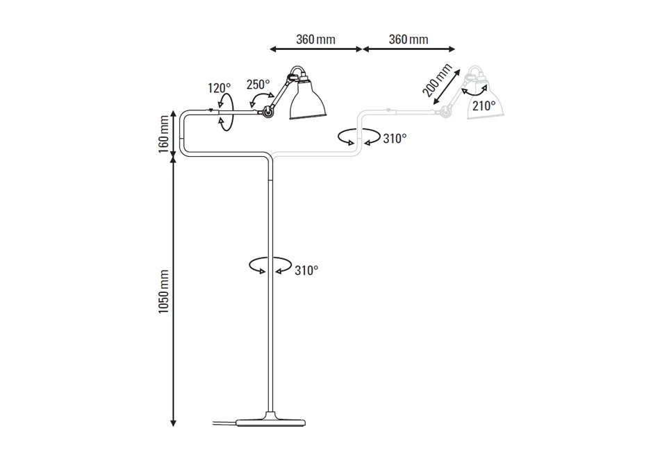 Desenho técnico da Luminária de chão Gras 411.