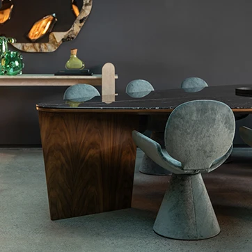 Detalhe da base e tampo de mesa de jantar Slice.