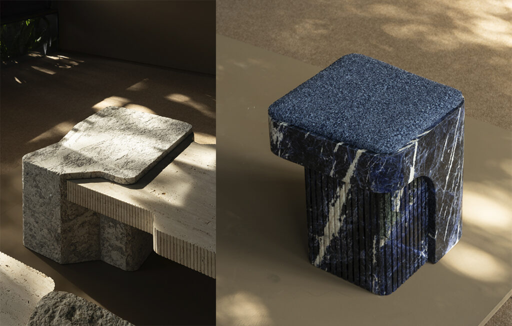 Mesa de centro e banco da coleção Tektônika da Suite Arquitetos, na Firma Casa.