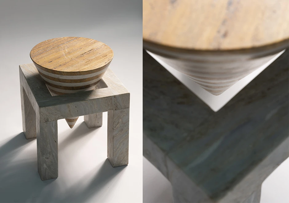 Mesa lateral Farol, um design escultural em mármore com formas geométricas e acabamento sofisticado.