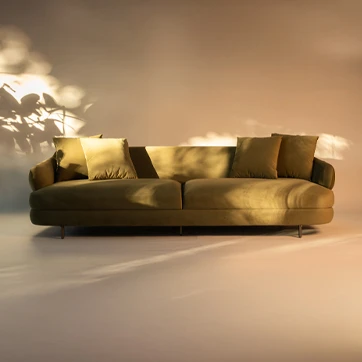 Sofá Gaudi em ambiente sofisticado, com design contemporâneo e estofamento elegante, realçado pela luz natural.