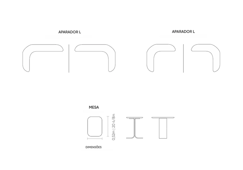Ilustração técnica dos módulos adicionais do sofá Gaudi, incluindo opções de aparador em formato "L" e mesa lateral com dimensões especificadas.