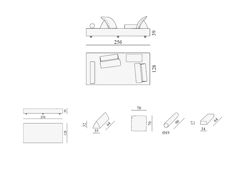 Desenho técnico do sofá Sherazade Outdoor e suas almofadas.