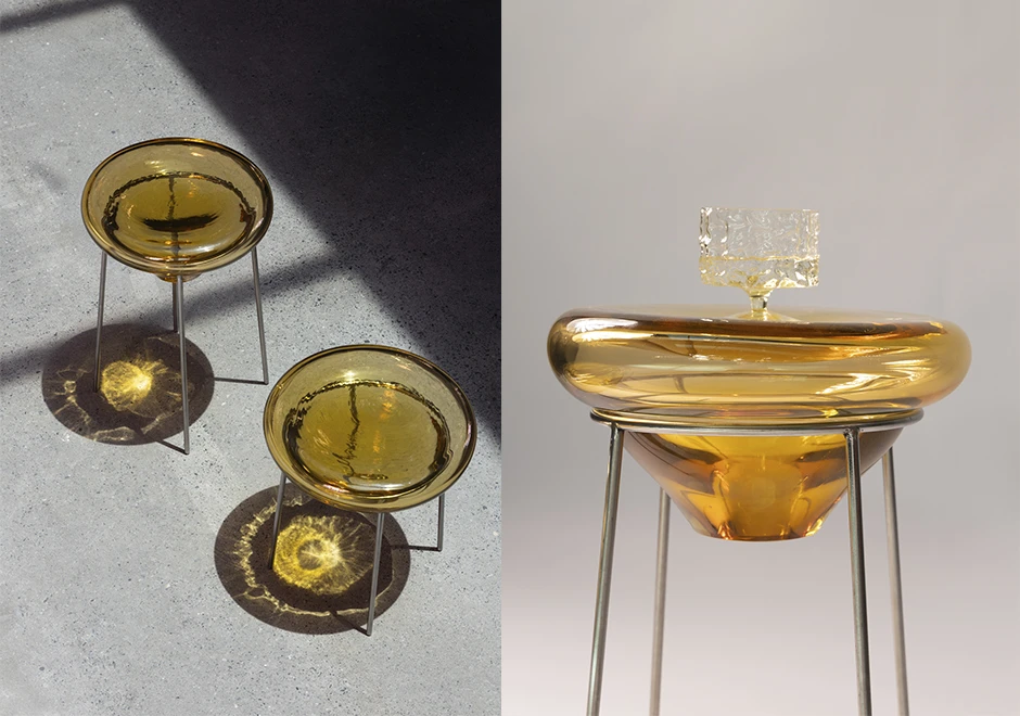 Transparência e reflexo do vidro das mesas Pernocas de TomaziCabral.
