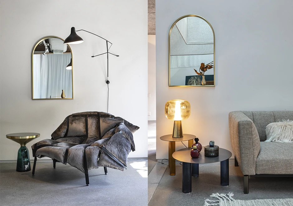 Espelho Portrait with Little Vase usado em diferentes ambientações.