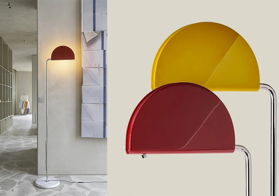 Luminária de chão Mezzaluna com cúpula vermelha e detalhe da mesma.