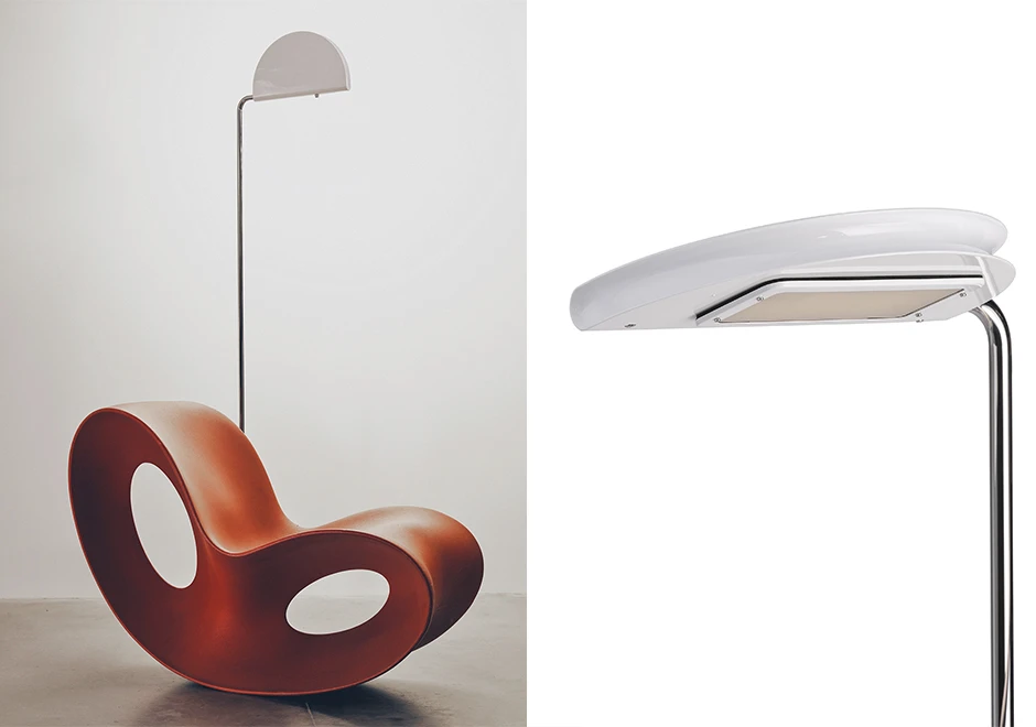 Luminária de chão Mezzaluna com cúpula branca e detalhe da mesma, com poltrona Voido vermelha da Magis Design.