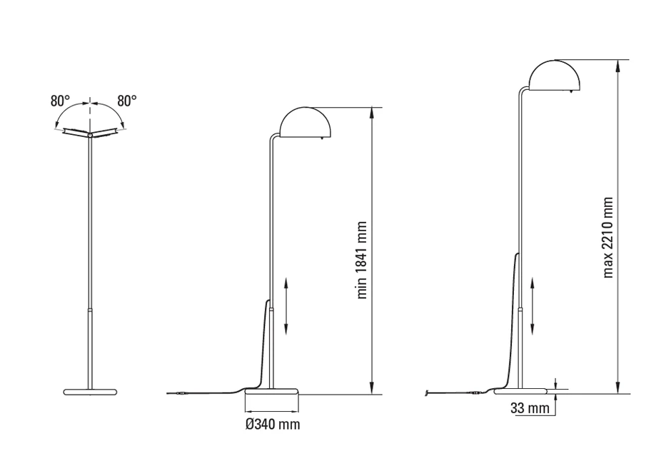 Desenho técnico da luminária de chão Mezzaluna.