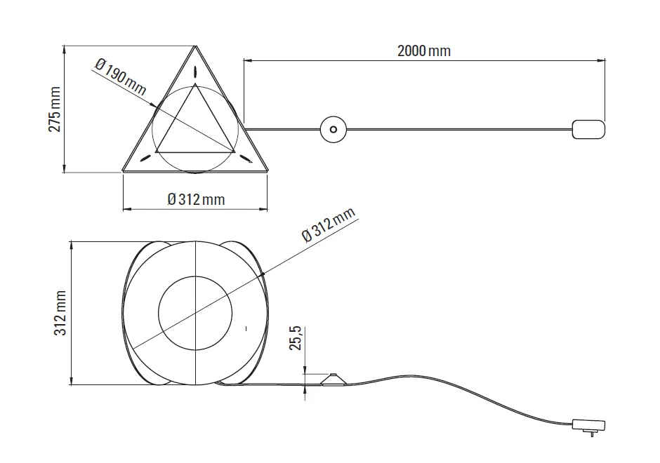 Desenho técnico da luminária Armen.