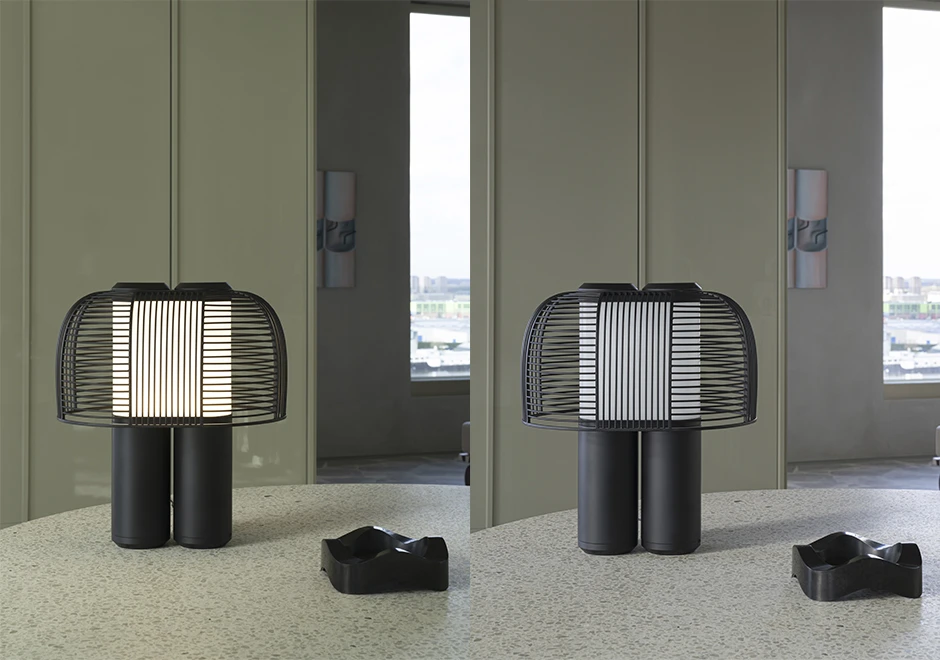 Luminária de mesa Yasuke na cor preta, nas versões apagada e acesa.