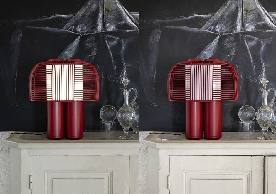 Luminária de mesa Yasuke na cor vermelha, nas versões acesa e apagada.