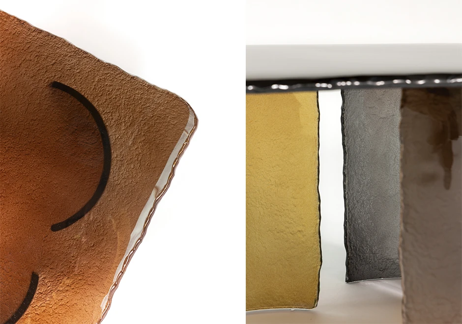 Detalhes da mesa de apoio Phases Glassy, por Simone Coste, em vidro.