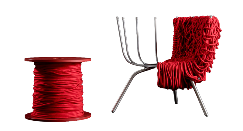 Detalhe da trama artesanal da poltrona Vermelha, criada pelos Irmãos Campana para a Edra